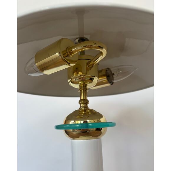 1980s Art Deco Revival Table Lamp White, Brass & Glass Accent - Picture 3 of 10